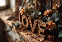 The Timeless And Vintage Design Of The Word "Love" Carved From Wood, Offering A Classic And Enduring Message For Valentine's Day.