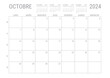 Calendrier Octobre 2024 Mensuel Planificateur avec Numero de Semaine à imprimer A4