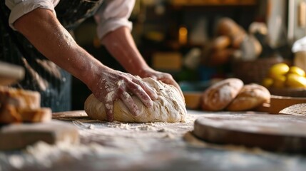 Wall Mural - baker kneading dough in a bakery generative ai