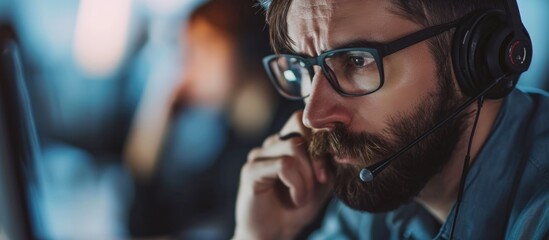 Canvas Print - Burnout, telemarketer, and male consultant experiencing frustration or fatigue in customer support.