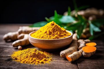 Alternative medicine, antioxidant food and herbal remedy concept theme with macro close up on supplement pill of curcumin or turmeric with a heap of the spice in dry powder form in the background