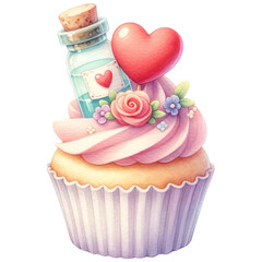 Wall Mural - Romantic Valentine Cupcake Decorated with Flowers, Heart and Love Potion Bottle, Watercolor, Isolated on Transparent Background. Generative AI