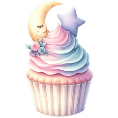 Wall Mural - Romantic Valentine Cupcake Decorated with Flowers, Moon and Star Shaped, Watercolor, Isolated on Transparent Background. Generative AI