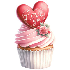 Wall Mural - Romantic Valentine Cupcake Decorated with Heart with text 