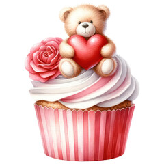 Wall Mural - Romantic Valentine Cupcake Decorated with Teddy Bear, Heart and Rose, Watercolor, Isolated on Transparent Background. Generative AI