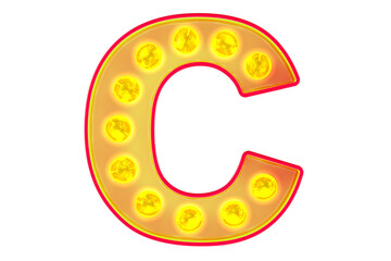Poster - Light bulb letter C, glowing retro font. 3D rendering isolated on transparent background