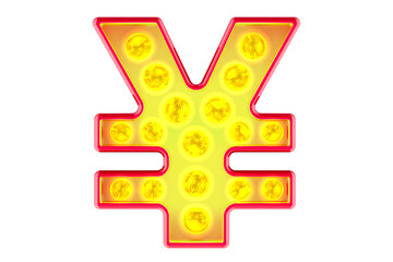 Poster - Light bulb yen or yuan sign, glowing retro font. 3D rendering isolated on transparent background