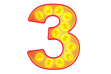Poster - Light bulb number 3, glowing retro font. 3D rendering isolated on transparent background
