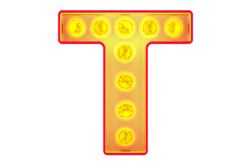 Poster - Light bulb letter T, glowing retro font. 3D rendering isolated on transparent background