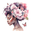 cute  watercolor illustration of a cool afro woman her hair full of flowers and butterflies  Black History Month