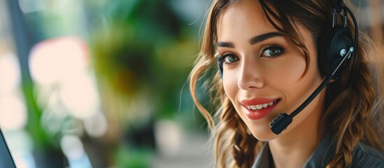 Poster - Gorgeous call center employee with headset providing customer service.