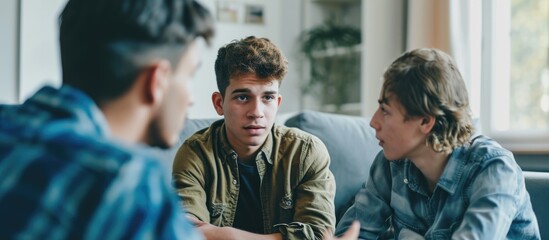 Father and teenage son meeting social worker and psychologist discussing mental health in therapist's office.