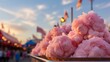 A group of pink cotton candy cones in a carnival full of lights  -Generative Ai