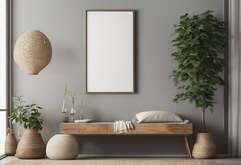 Sticker - Vertical canvas mockup in minimal japandi interior background with plant tree and rustic decor 3d render