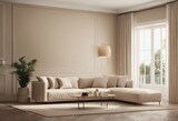 Fototapeta Przestrzenne - Coastal design room Mockup beige stucco wall in cozy home interior background Hampton style 3d render