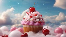 Sweet Cupcake Decorated Cherry Berry Against Fantasy Sky Background For Birthday Concept.