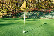 Fine Textured Bent Grass On Golf Course Practice Putting Green With Yellow Flags