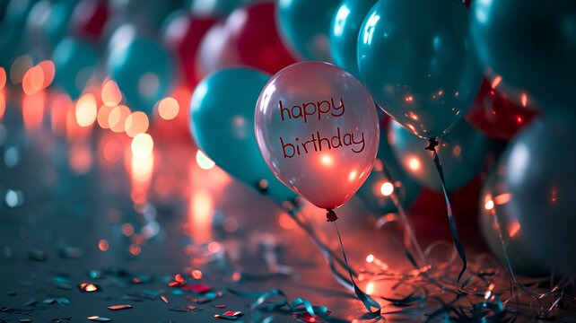 happy birthday text banner poster greeting card copy space background cake balloons party celebration, congratulating, present colours funny enjoy blessings holiday gift.