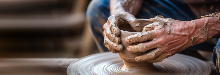 close up view of male potter hands making pot with clay wheel