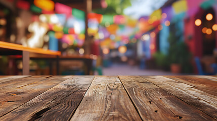 Empty wooden table with Mexican party or market background, bokeh lights, space for product