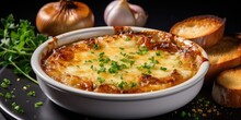 French Onion Soup. A Serving Of Classic Onion Soup Is Served In A White Plate. Generative AI