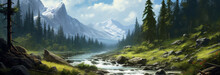 Beautiful Landscape With Mountain River And Forest