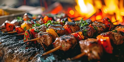 Espetada Extravaganza, Visual Feast of Grilled Skewers, Culinary Charisma Unleashed in Every Succulent Bite - Vibrant Portuguese Grill Setting - Dynamic Colors & Close-up Skewer Composition
