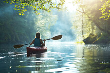 Young Woman Canoe Or Kayak Adventure In Nature. 