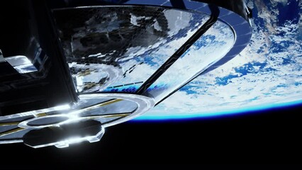 Wall Mural - sleek laboratory made of metal and glass, reminiscent of a spaceship, revolving around Earth's orbit. elements furnished by nasa