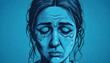 Blue color upset portrait background. Blue Monday, Mental health, loneliness epidemic concept. digital art of sad face for poster, print, wallpaper, cover created with generative ai