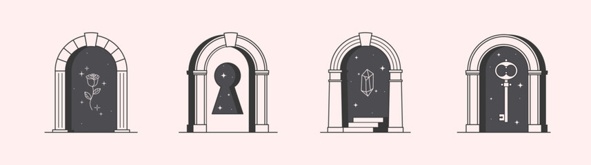 Wall Mural - Vector mystic logo design templates with portals,steps,magic flower,stars,gem and key.Surreal abstract illustrations in trendy minimal outline style.Celestial emblems.Branding design templates.
