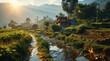 Idyllic Chinese village and countryside view with small river, mountains and forest