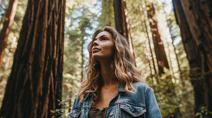 Wall Mural - Woman with a confident gaze standing among redwood trees, forest background generative ai