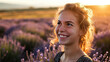 Woman with a radiant smile standing in a lavender field, countryside background generative ai