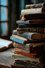 Poster - A stack of books sitting on top of a wooden table. Perfect for educational or literary themed projects