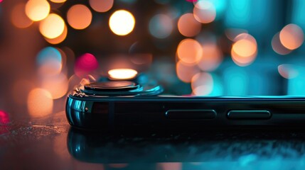 Poster - Close-up view of a cell phone placed on a table. Suitable for various technology and communication related concepts