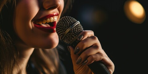 Aufkleber - A close up shot of a person holding a microphone. Perfect for use in events, presentations, or performances