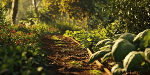 Poster - A vibrant garden filled with an abundance of green plants. Perfect for adding a touch of nature and freshness to any project