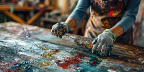 Poster - A woman is seen painting on a wooden table. This image can be used for various artistic or creative purposes