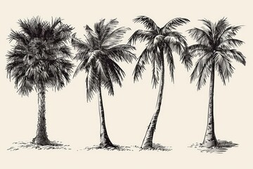  A drawing of three palm trees against a white background. Can be used for tropical vacation promotions or beach-themed designs