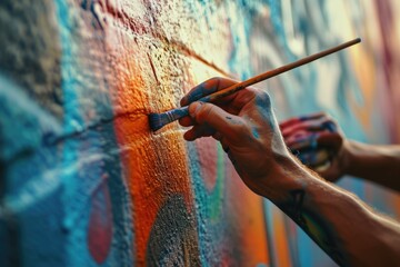Poster - A person using a brush to paint on a wall. Suitable for various artistic and creative concepts