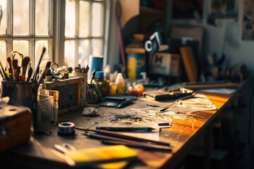 Poster - A workbench filled with various tools. Suitable for illustrating DIY projects or a busy workshop environment
