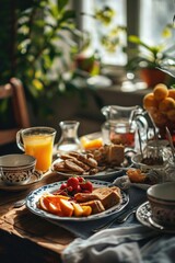 Aufkleber - A table set with plates of food and glasses of orange juice. Perfect for showcasing delicious meals and refreshing beverages