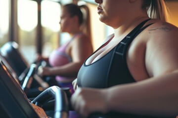 Sticker - Two women working out on treadmills in a gym. Ideal for fitness and exercise-related content