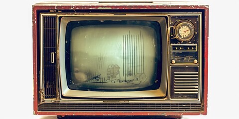 Poster - An old television with a clock on top. Perfect for vintage or retro-themed designs
