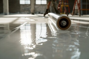 Aufkleber - A roll of metal sitting on top of a floor. Suitable for industrial and construction themes