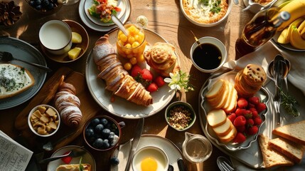 Poster - A wooden table with a variety of delicious food dishes. Perfect for food blogs, restaurant menus, and cooking magazines