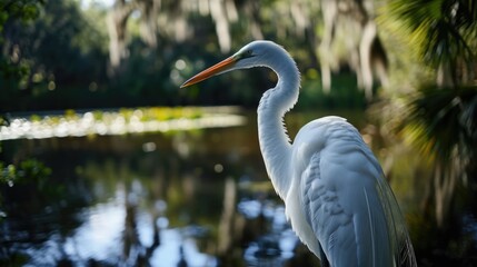 Sticker - A large white bird standing next to a body of water. Perfect for nature and wildlife themes