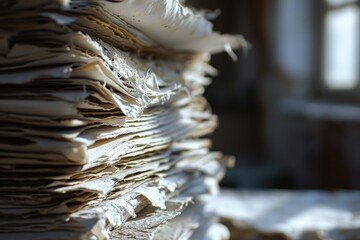 Aufkleber - A stack of papers sitting on top of a table. Can be used to represent organization, paperwork, or office work