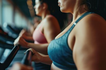 Poster - Group of women running on treadmills. Suitable for fitness and exercise-related content